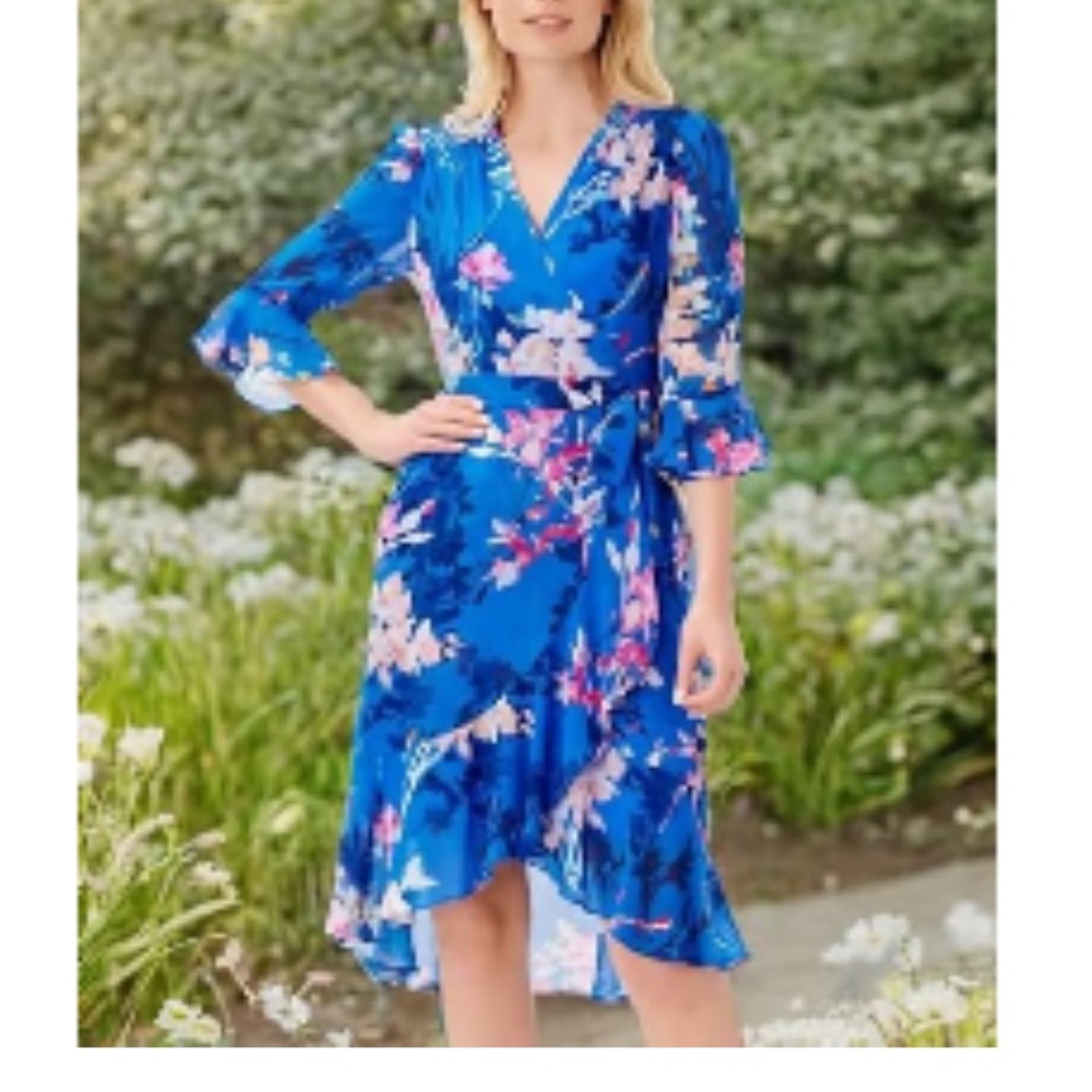 Adrianna Papell Elegant Blue Floral Chiffon Wrap Long Sleeve Dress Size 4